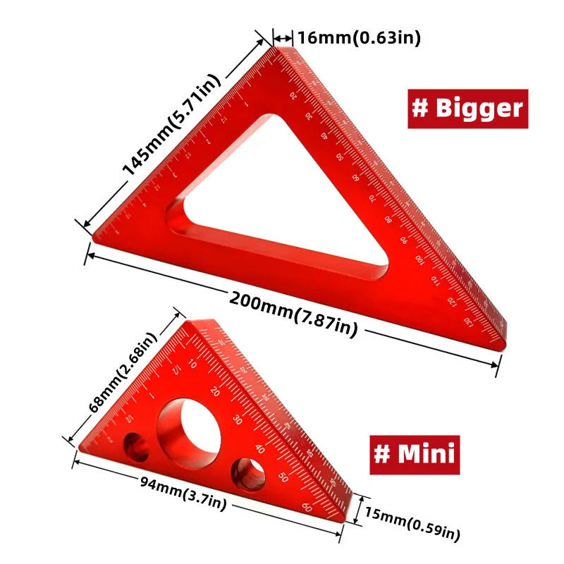 45 Degree Aluminum Alloy Angle Ruler Imperial and Metric Triangle Ruler Carpenter's Workshop Woodworking Square Measuring Tools