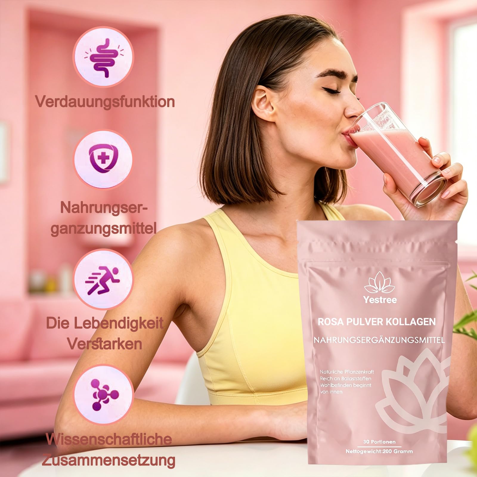 VITAFANT GREEN HELFERS 2Pack Rosa Pulver Kollagen, Natürliche Pulverformel, veganes Pflanzenpulver Mit Bambussprossen, Baobab, Himbeere, Acerola, Kollagen+Hyaluron 200g