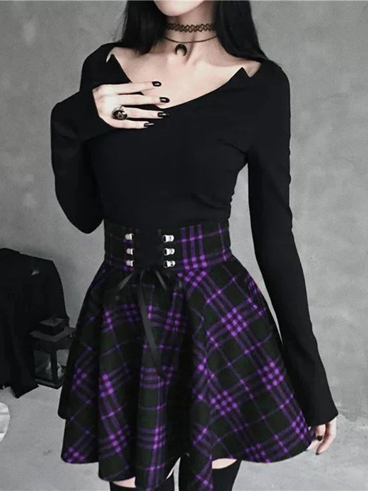 Black Checkered Women's Gothic Skirt