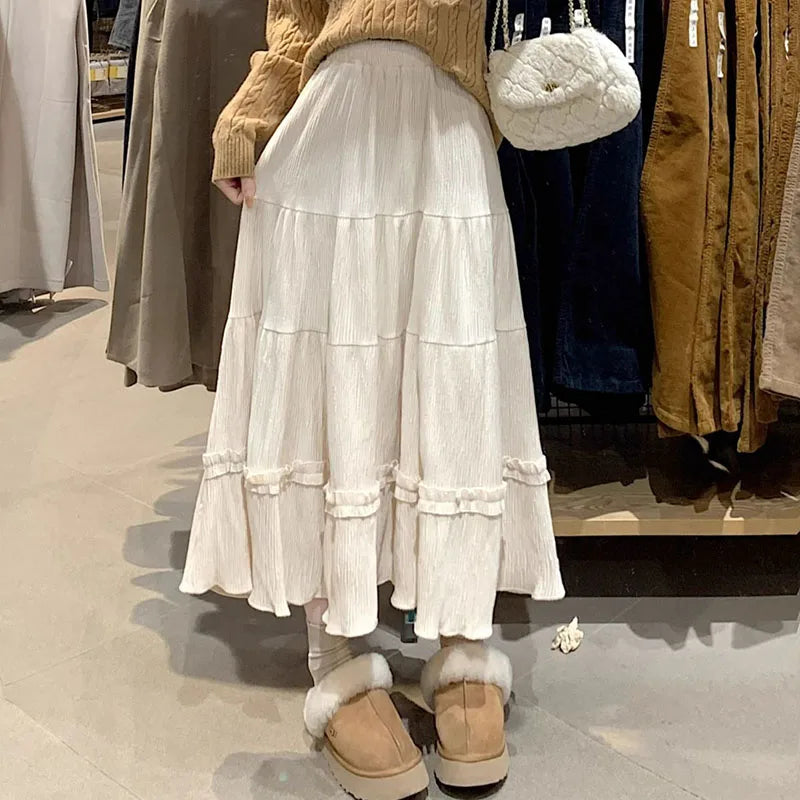 Xpqbb Autumn Winter Corduroy Skirt Women Vintage Brown Elastic High Waist Long Skirt Woman All-match Streetwear A-line Skirts