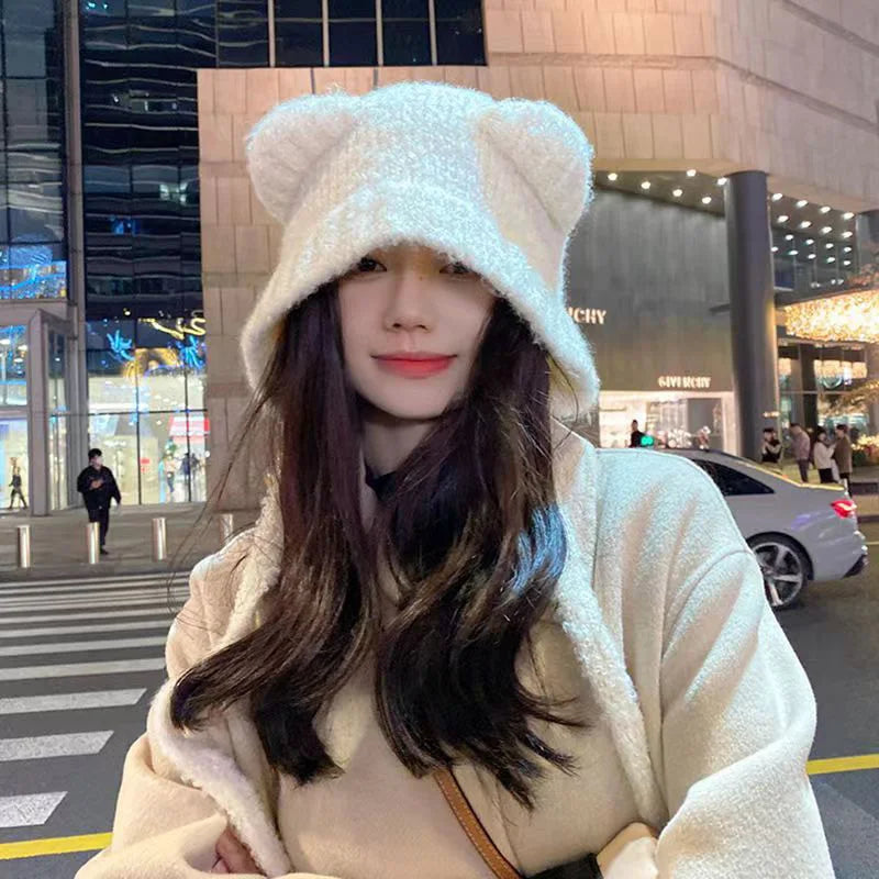 Cute Girl Knit Ear Protection Hat Bear Women Earmuffs Cap Woolen Crochet Bonnet Solid Color Hood Beanies Winter Warm Headgear 모자