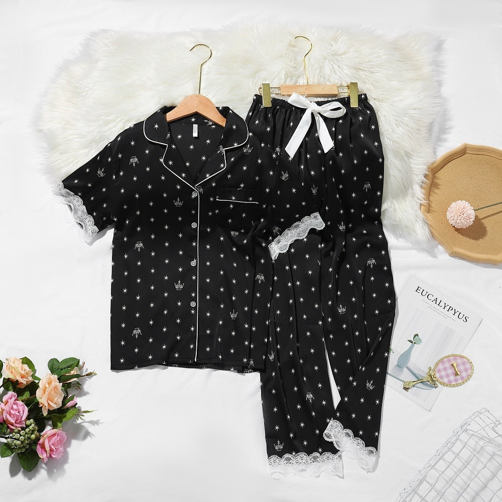 Srping New Crown Print Women Pyjamas Lace Sweet Short Sleeve Suit Pajamas Summer Satin Chiffon Soft Touch Sleepwear