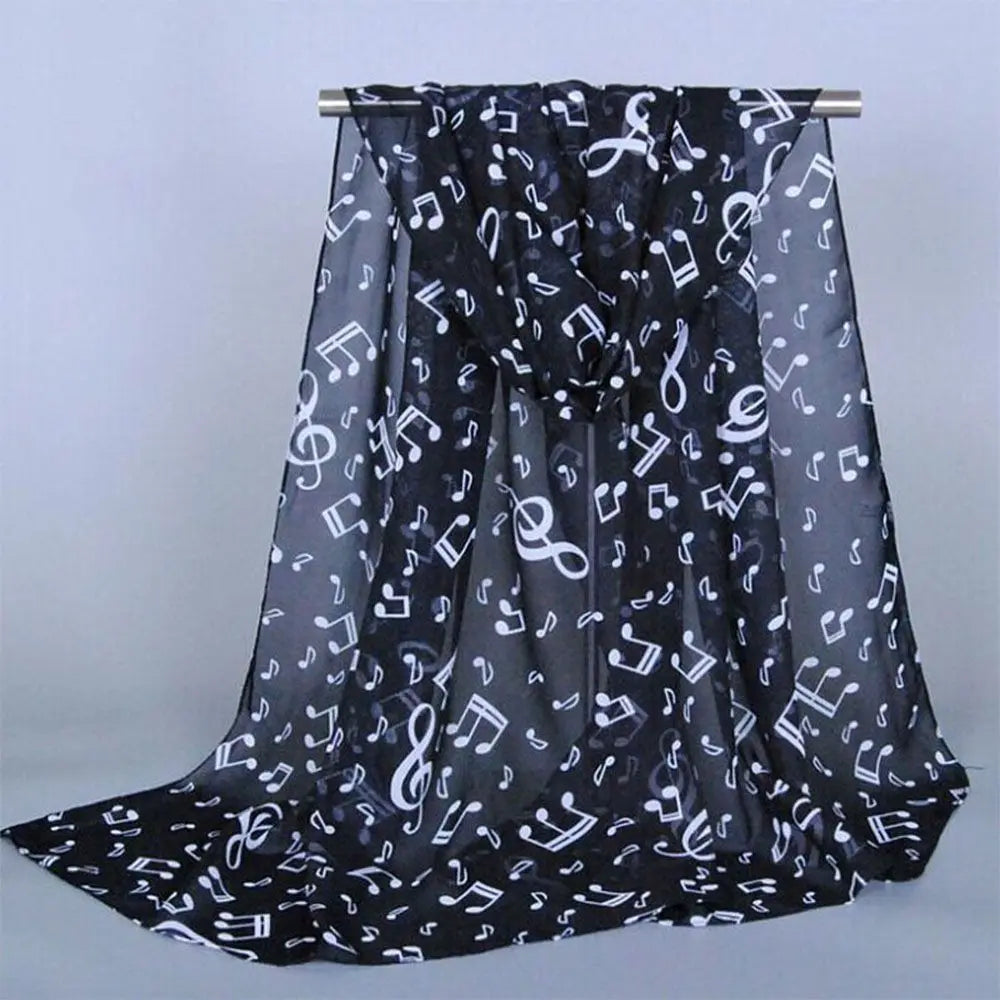 Fashion Trendy Ladies Gift Accessory Treble Clef Printed Sheet Muffler Shawl Music Note Printed Scarf Chiffon Silk Scarf