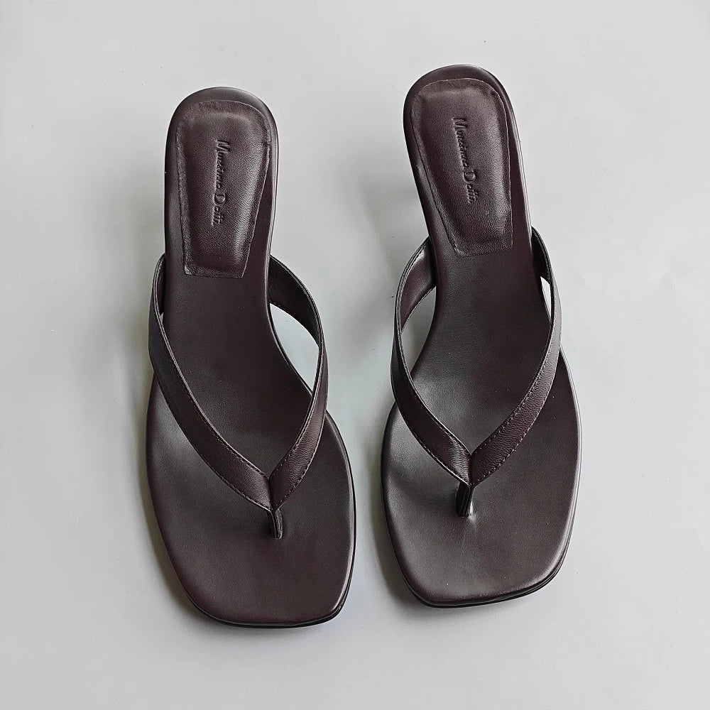 Spring Summer Fashion New Women Genuine Leather Mid Heel Flip-flops Slippers Versatile Simple Shoes Female Chic