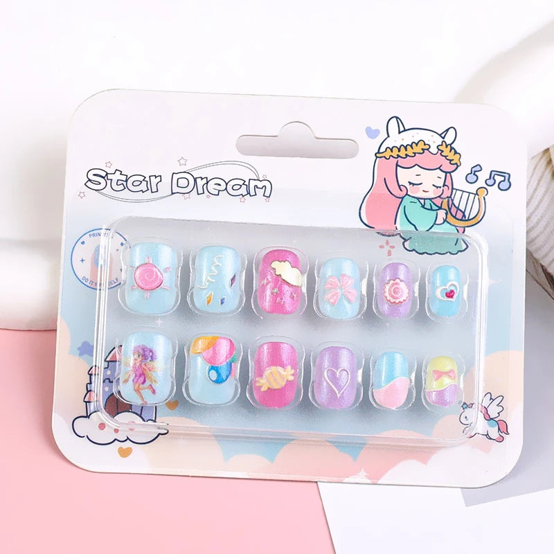 12pcs/Box Children Acrylic Fake Nails Safe Non-Toxic Adhesive Fake Nail DIY Artificial Fingernails for Girls Children's Day Gift