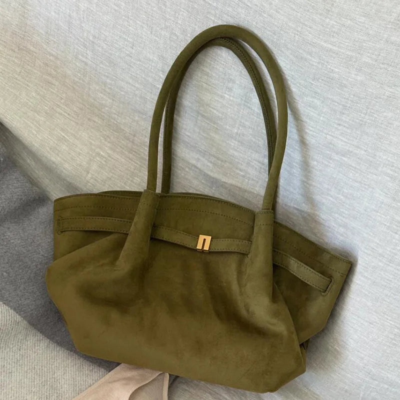 New Green Versatile Suede Tote Bag Brand Design Belt Buckle Casual Frosted Bat Bag Fashion Handbag Brown Crossbody Bag