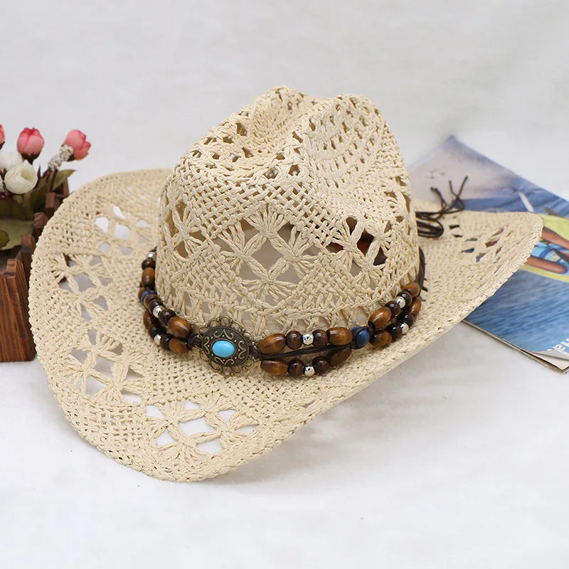 Straw Hat  Women Men Summer Handmade  Vintage Hollow Western  brim Sun Protection Fisherman Mountaineering Bohemian Chain Jewel