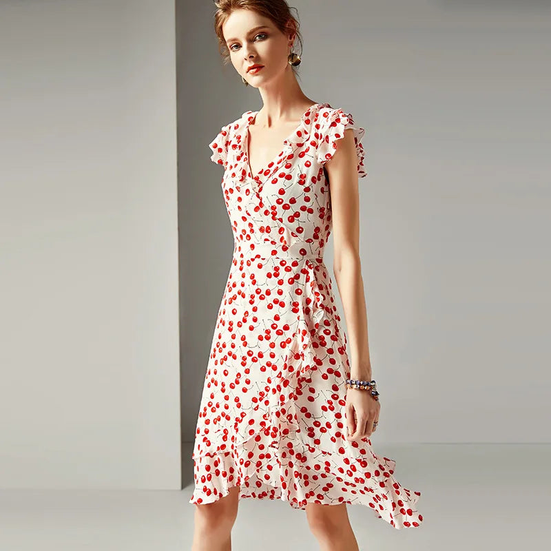 Spring and summer women's new fashion V-neck ruffled waist slimming silk printed A-line dress