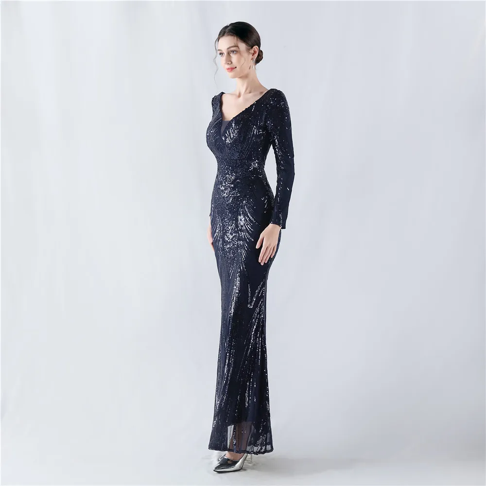 Customized Women's V Neck Long Sleeve Elegant Sequin Floral Mermaid Bodycon Formal Party Gown Evening Maxi Dress