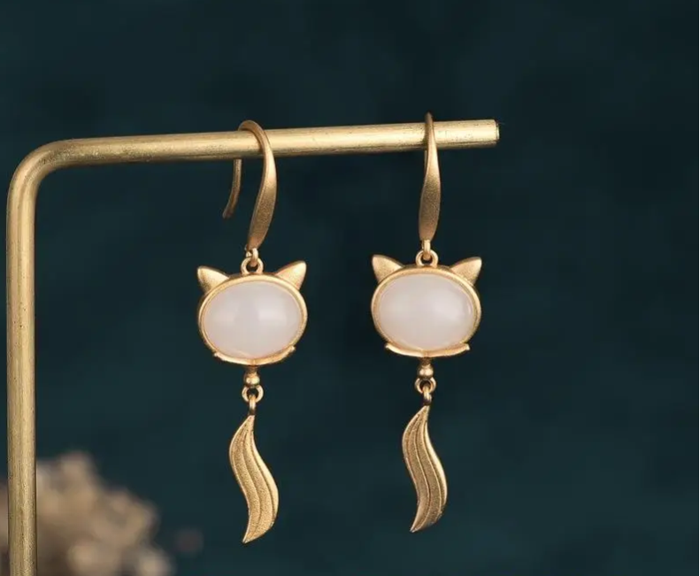 White Jade Fox Earrings Chalcedony Amulet Gifts Gemstone Women Charm Zircon Agate Crystal Jewelry 925 Silver Fashion Natural