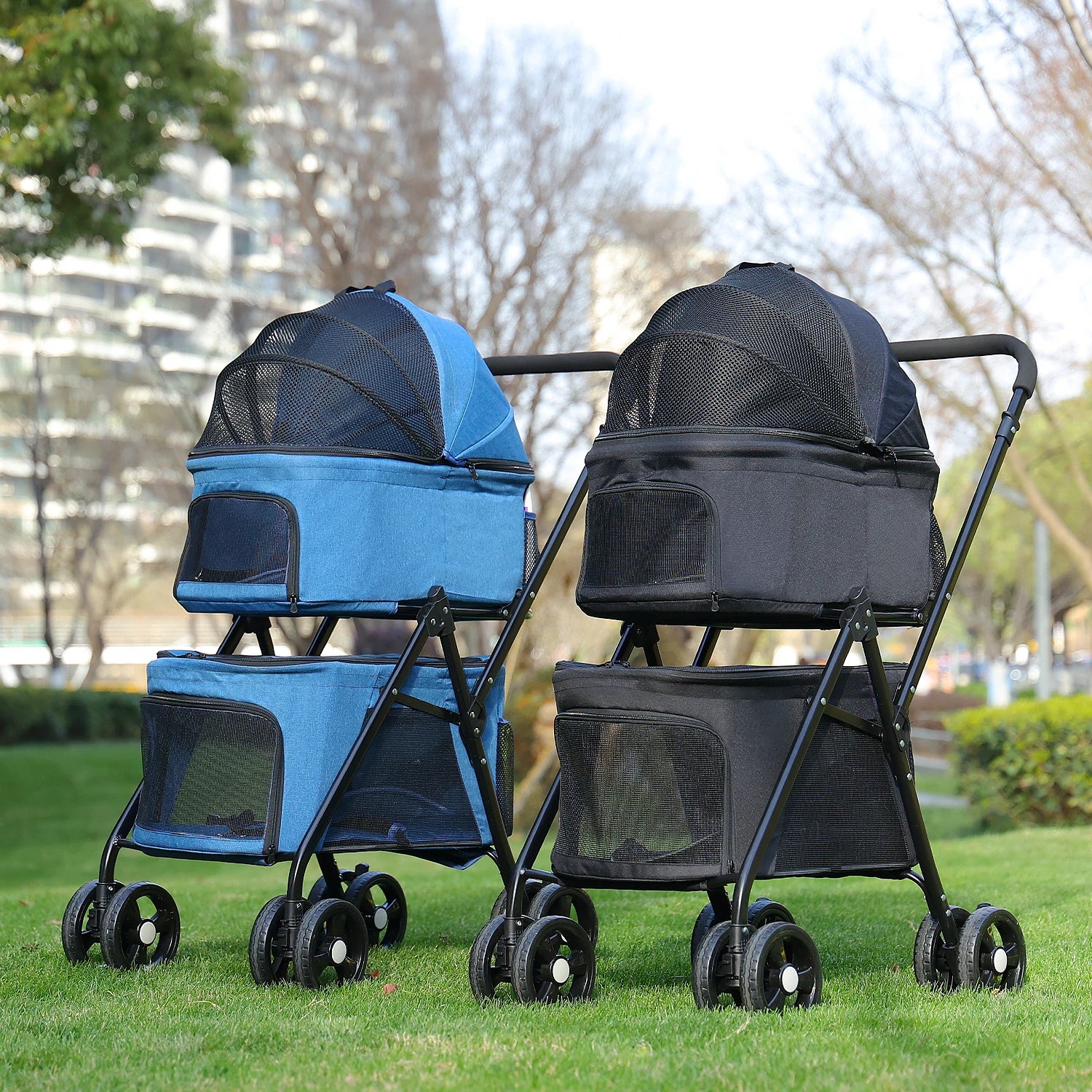 Pet Stroller 4-Wheel Foldable Dog Travel Stroller Pushchair Jogger with Storage Basket for Puppy Cat Pet Suplies Outdoor