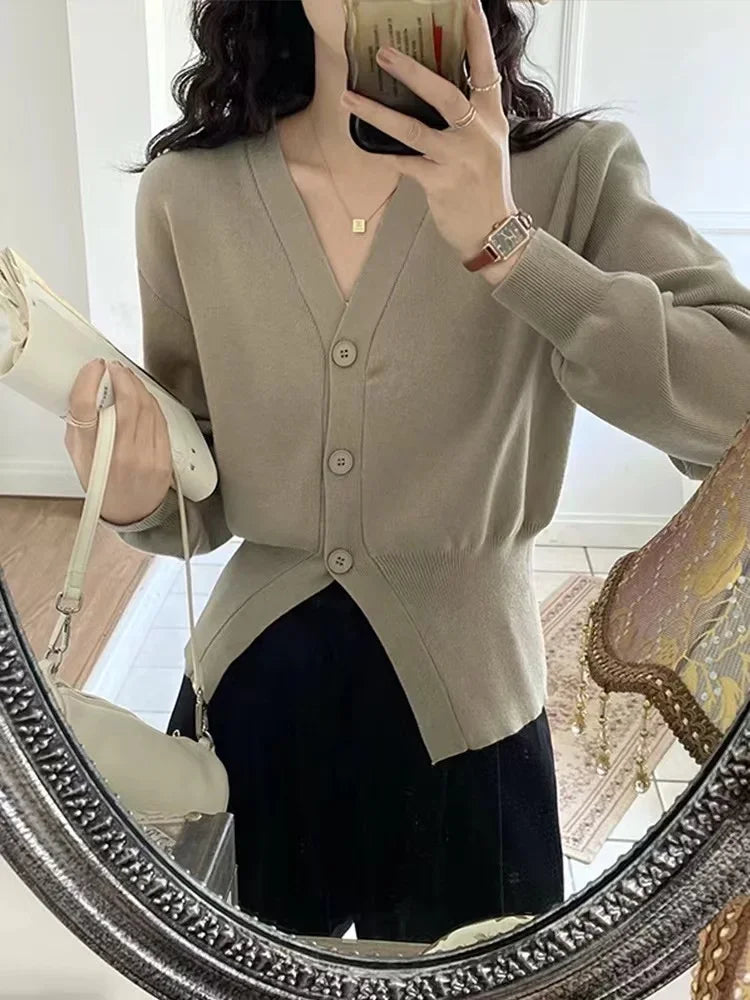 New Autumn Korean Fashion Sweater Women Elegant V-neck Long Sleeve Casual Long Sleeve Knitted Cardigan Coat Knitwear Clothing