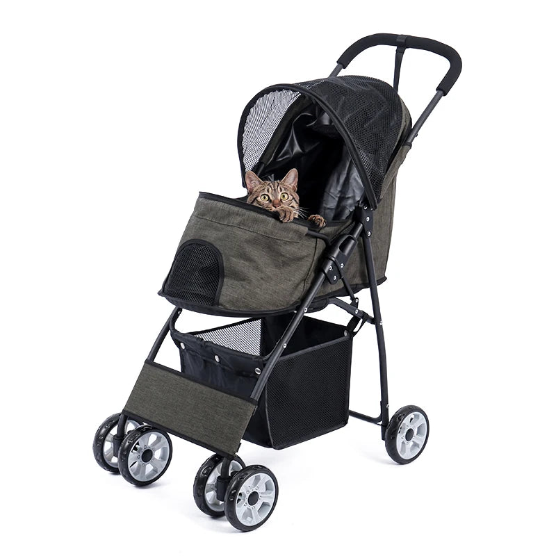 Pet Stroller 4-Wheel Foldable Dog Travel Stroller Pushchair Jogger with Storage Basket for Puppy Cat Pet Suplies Outdoor