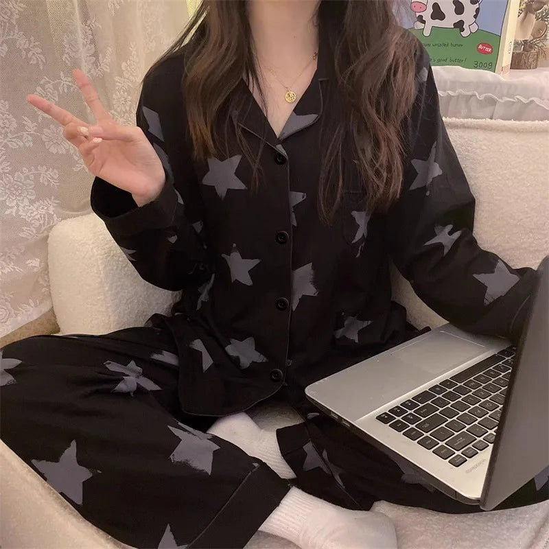 Korean Pajamas Women's Spring and Summer New Long-sleeved Black Star Full Print Loungewear Set Pijamas Women Lingerie Sleepwear