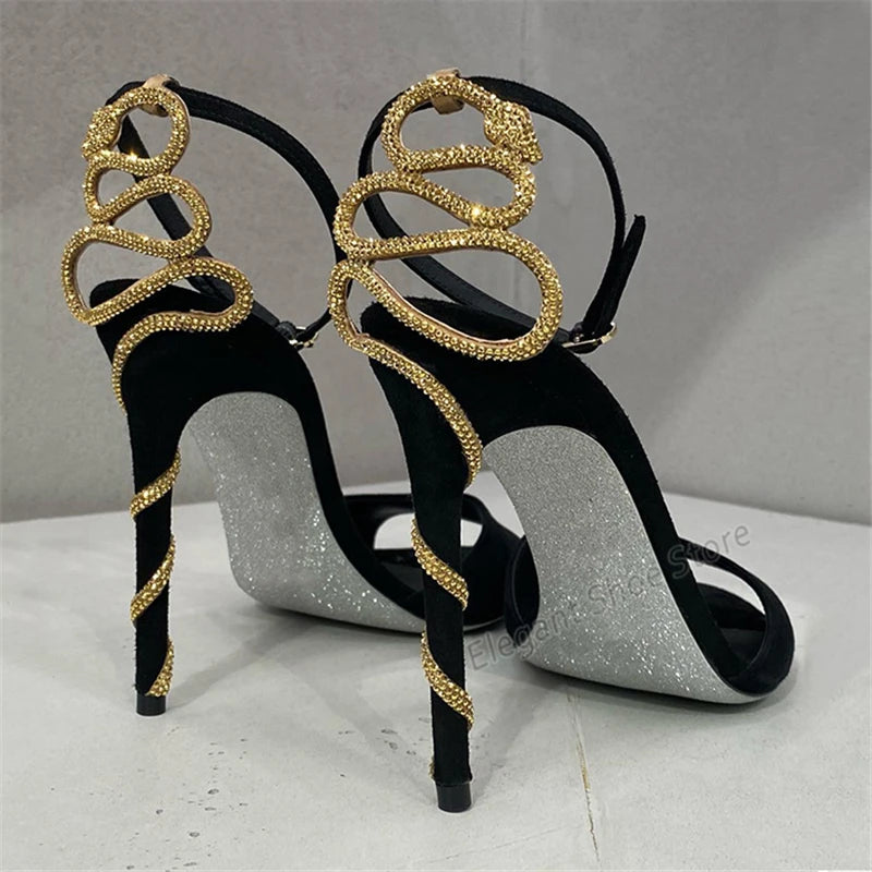 Gold Snake Wrap Heel Sandals Sexy Rhinestone Black Suede High Heels Summer Peep Toe Stiletto Party Wedding Banquet Women Shoes