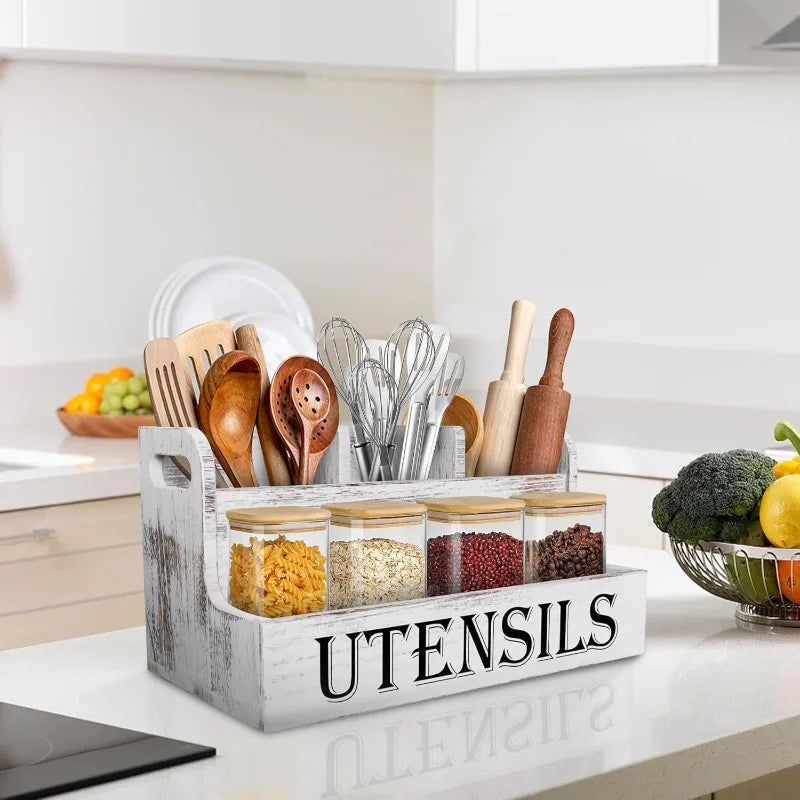 Rural White Wooden Cutlery Storage Box, Kitchen Countertop Cooking Utensil Seasoning Storage Box  Kitchen Storage Container