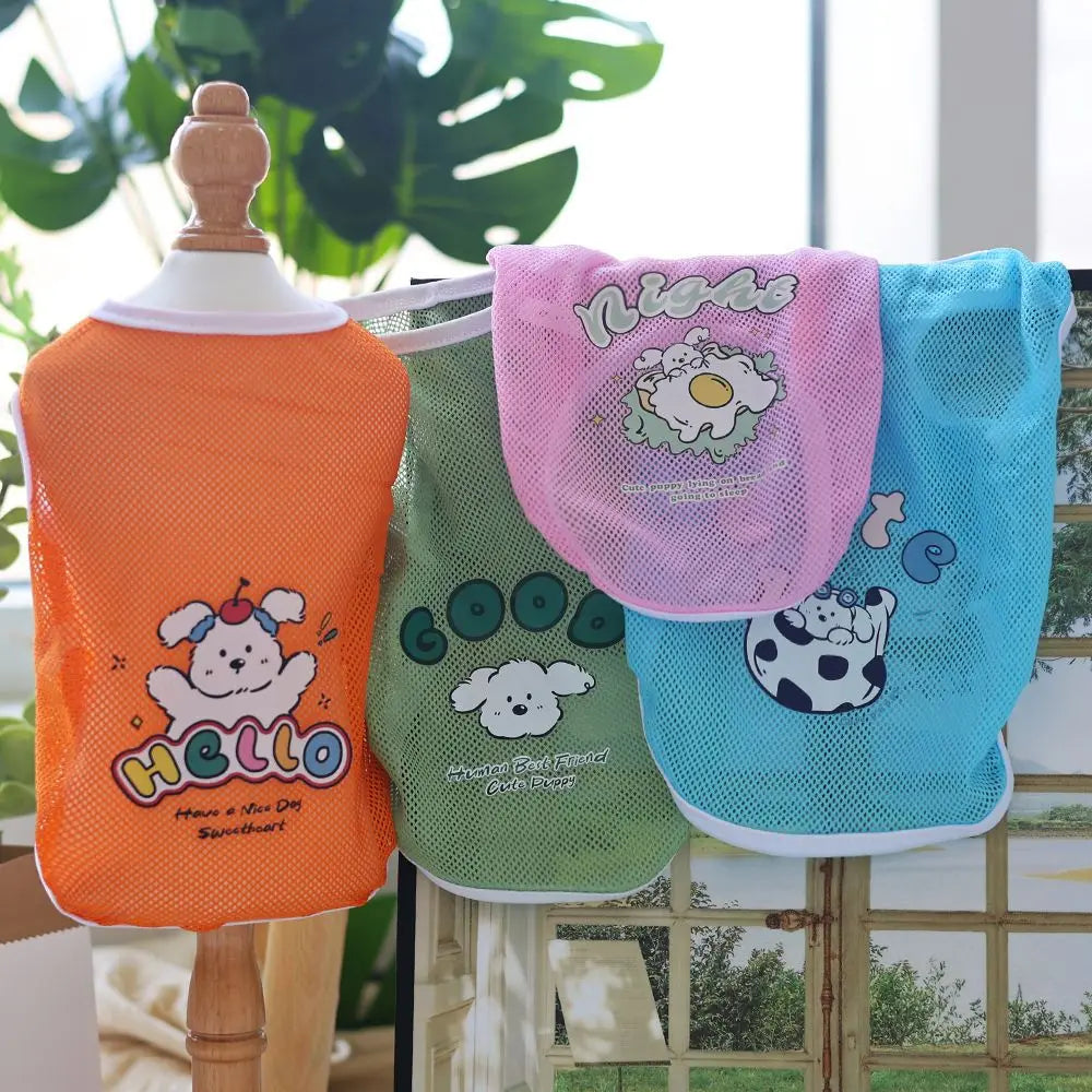 Cats and dogs clothes Spring and summer mesh vest Thin cute cartoon printed vest Bears Golden fur Corgi Medium and large dogs