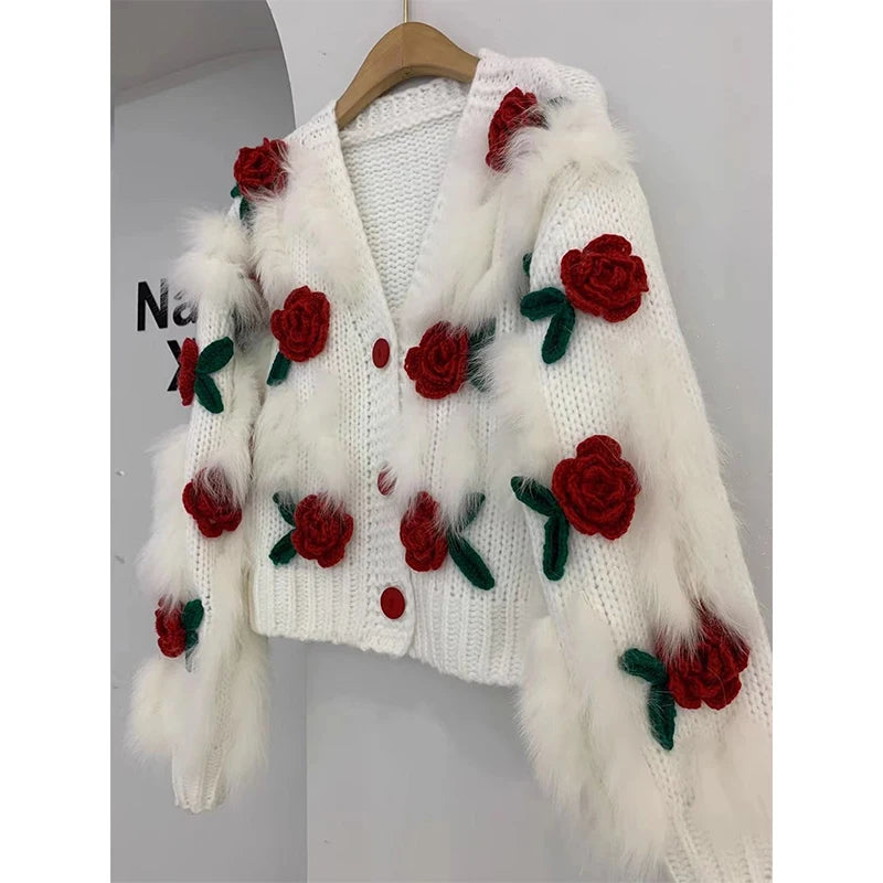 Harajuku Cropped Knitted Cardigan Women Y2K 3D Flower Sweater Coat Streetwear Oversized Knitwear Jacket Winter Jumpers Outwear