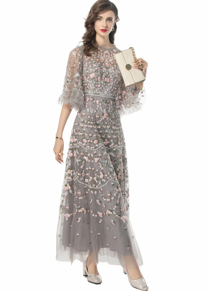 4xl 3xl 2xl Long Evening Dress 2024 Summer Women Allover Luxurious Embroidery Flare Sleeve Long Black Grey Apricot Maxi Dress