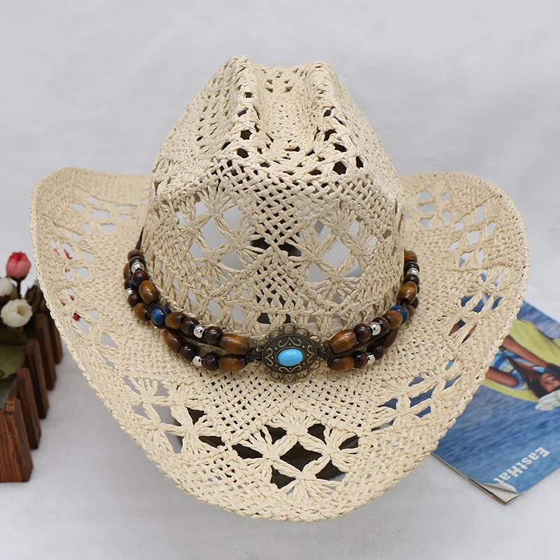 Straw Hat  Women Men Summer Handmade  Vintage Hollow Western  brim Sun Protection Fisherman Mountaineering Bohemian Chain Jewel