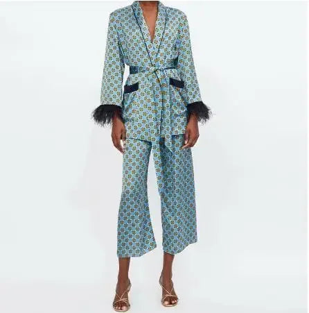 Women's Suits Spring LOOSE Blue Printed Kimono Jacket with Feather Sleeves Wide Leg Pants Two-piece Viintage Clothing Suits