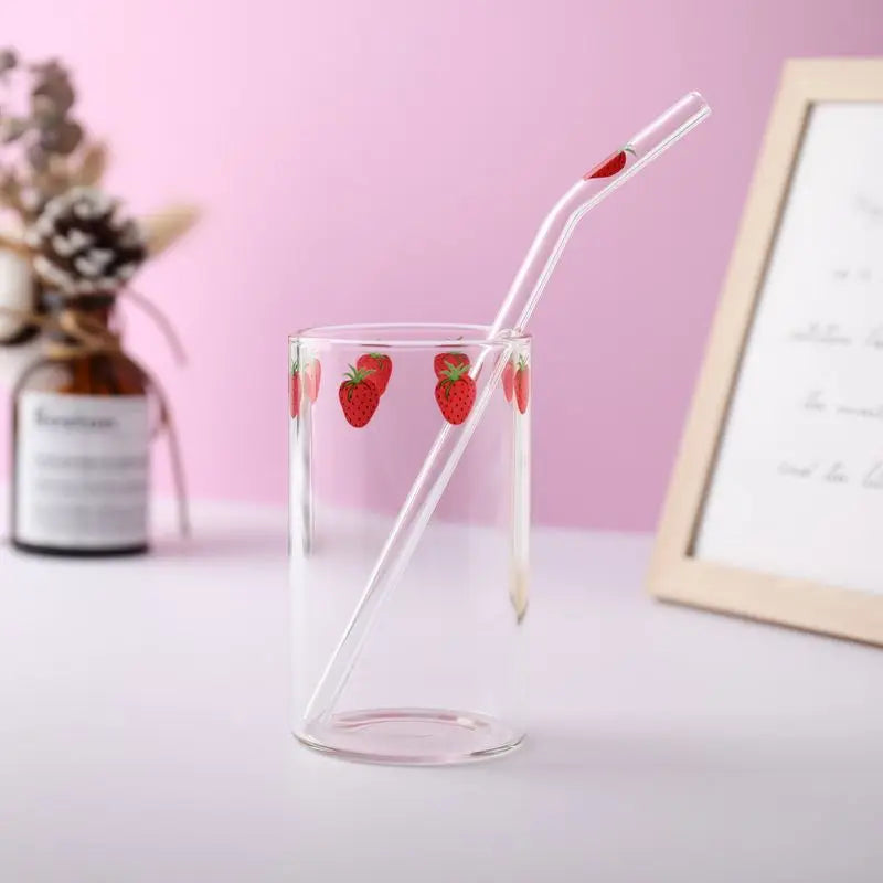 Ins Nana Strawberry Glasses Heat Resistant Coffee Milk Water Cups with Straws Clear Cute Juice Smoothie Cold Drinks Straw Cup