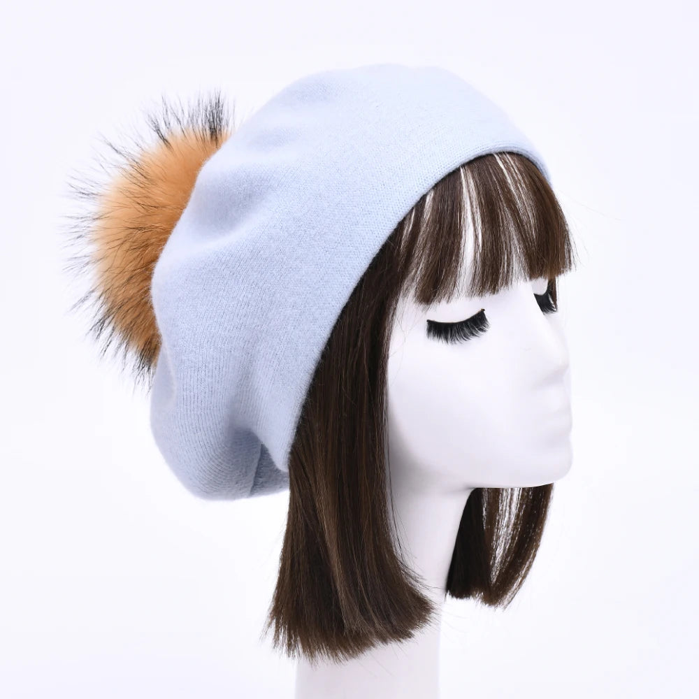 Jaxmonoy Winter Female Beret Women Hat Big Real Raccoon Fur Pompom Beret Wool Cashmere Natural Fur Ball Fashion Beret Cap Female