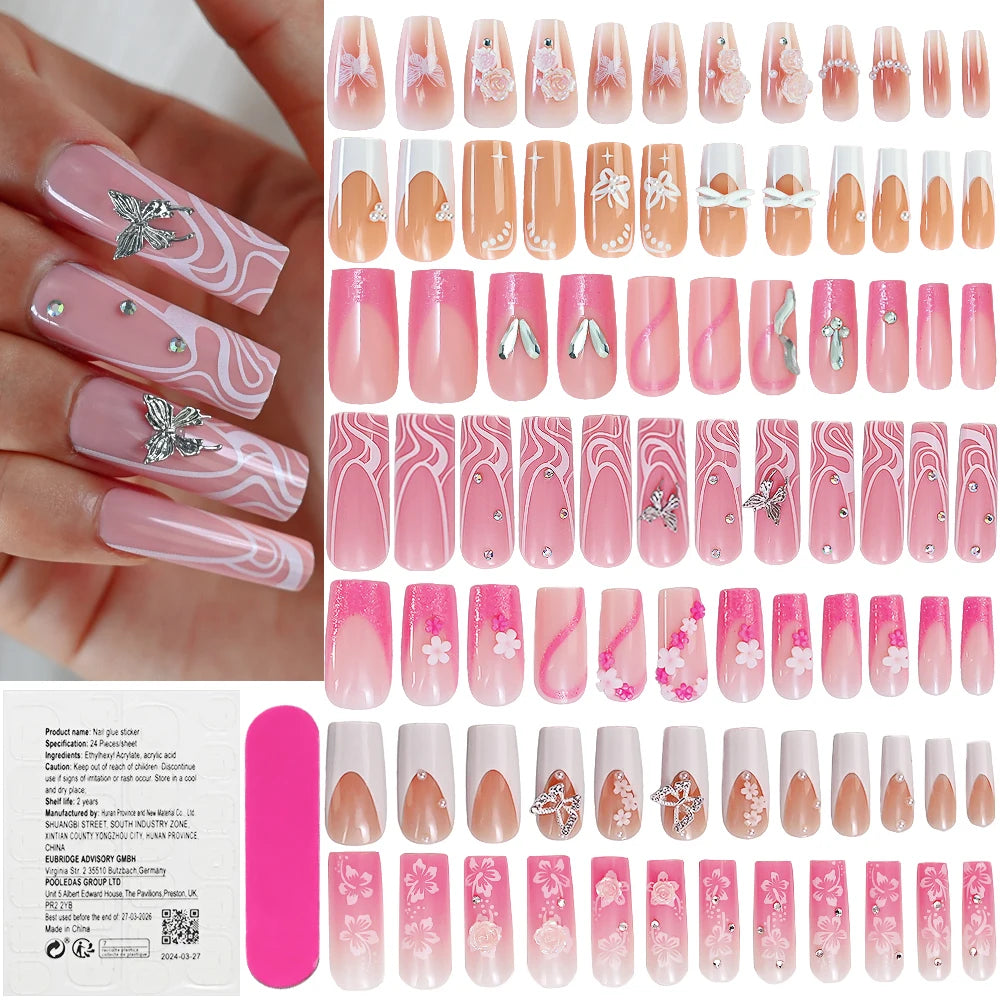 24Pcs Medium Long Ballet Gradient False Nails With Aurora Diamond Full Cover Square Coffin Fake Nails Pink Press-On Fingernails