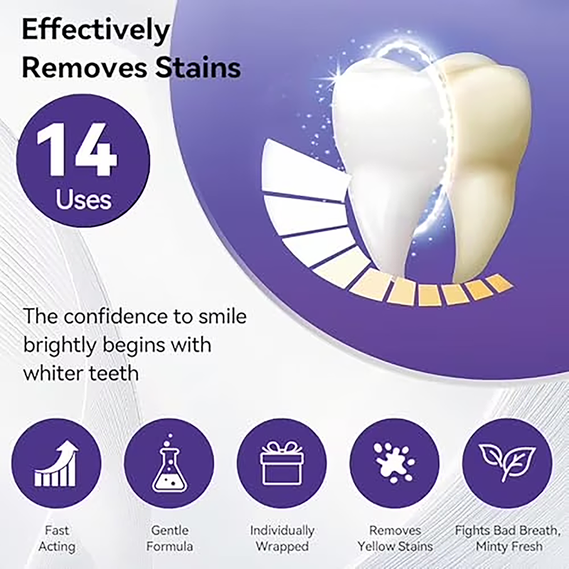 Purple Teeth Whitening Strips—gentle, daily-use whitening strips that reduce surface stains and impart a natural shine; portable and enamel-safe, suitable for use at home or on the go.