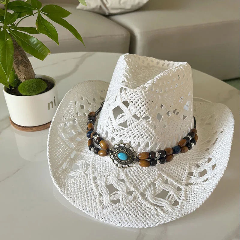 Straw Hat  Women Men Summer Handmade  Vintage Hollow Western  brim Sun Protection Fisherman Mountaineering Bohemian Chain Jewel