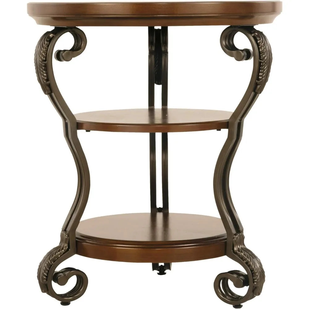 Traditional Hand-Finished Chairside End Table with 2 Fixed Shelves, Dark Brown