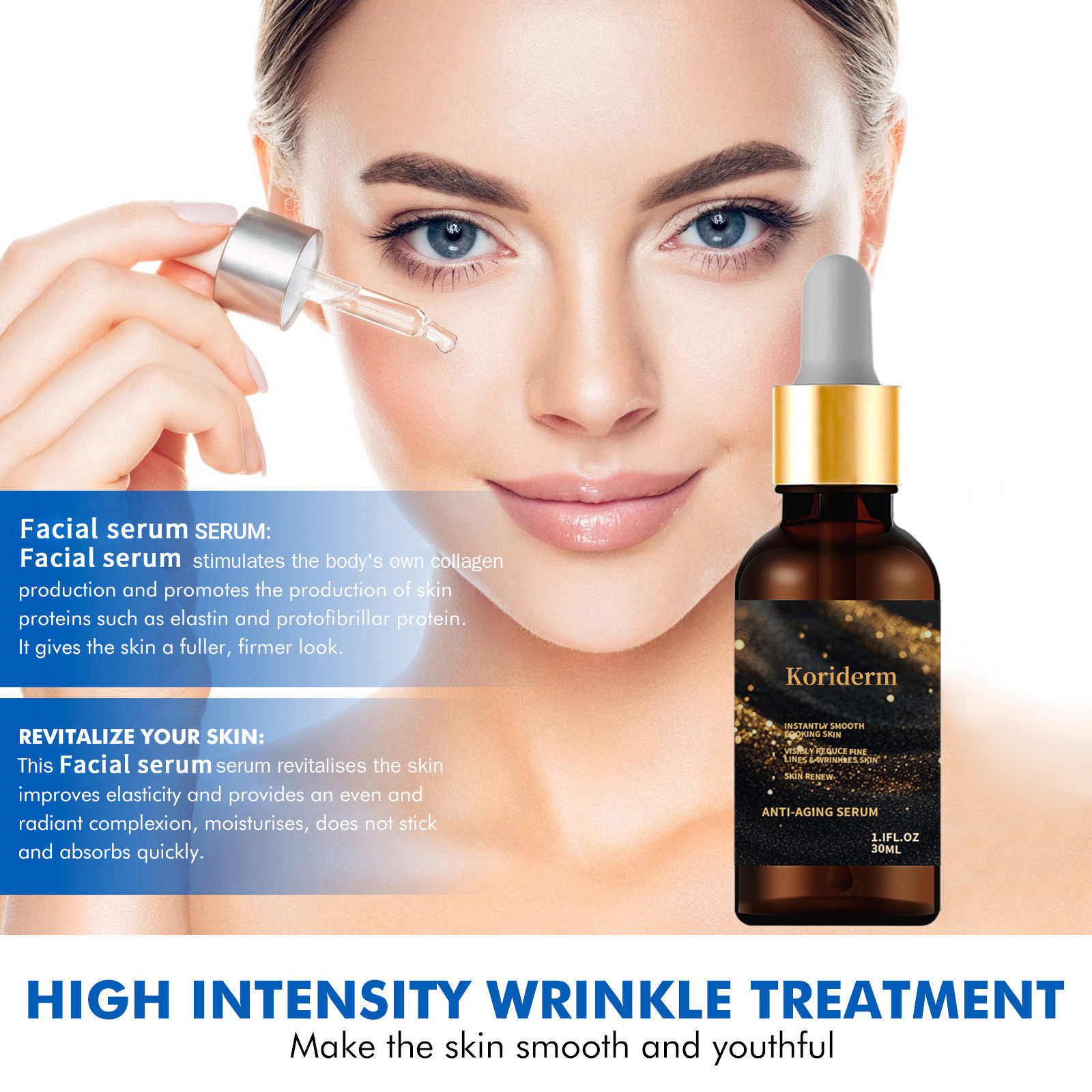 Face Serum, liquid serum, Intensely firms skin, smoothes wrinkles and fine lines