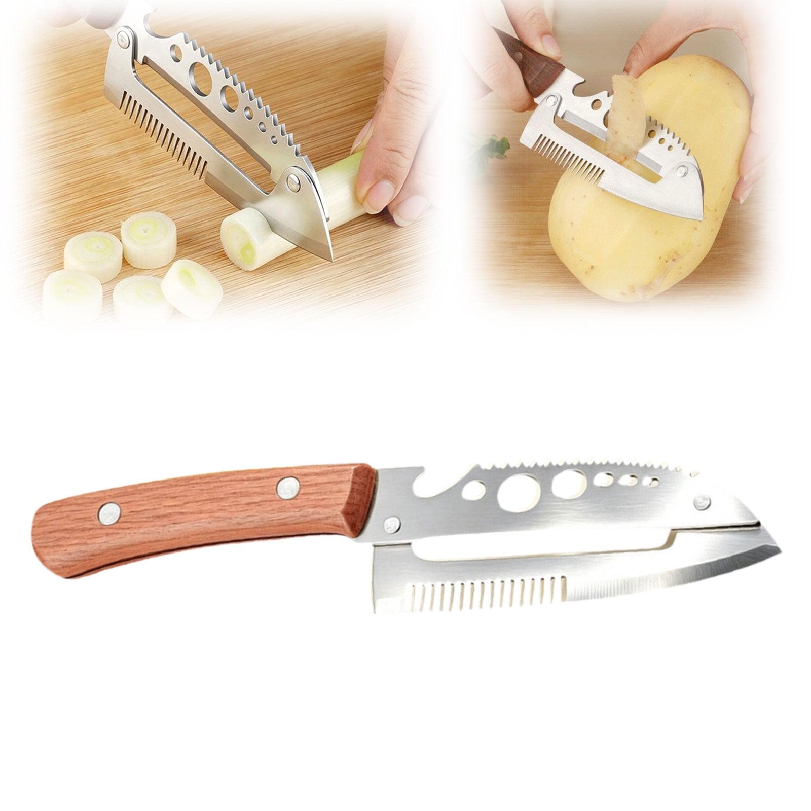 Multifunctional Vegetable Peeler 7-in-1,Kitchen Tool with Wooden Handle, Built-in Knife for Cutting, Peeling, Scaling, Grating & Bottle Opener(1PCS)