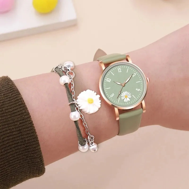 2PC Set Small Daisies Bracelet Watch Women Fashion Casual Leather Watches Simple Ladies Small Dial Quartz Wristwatch Reloj Mujer