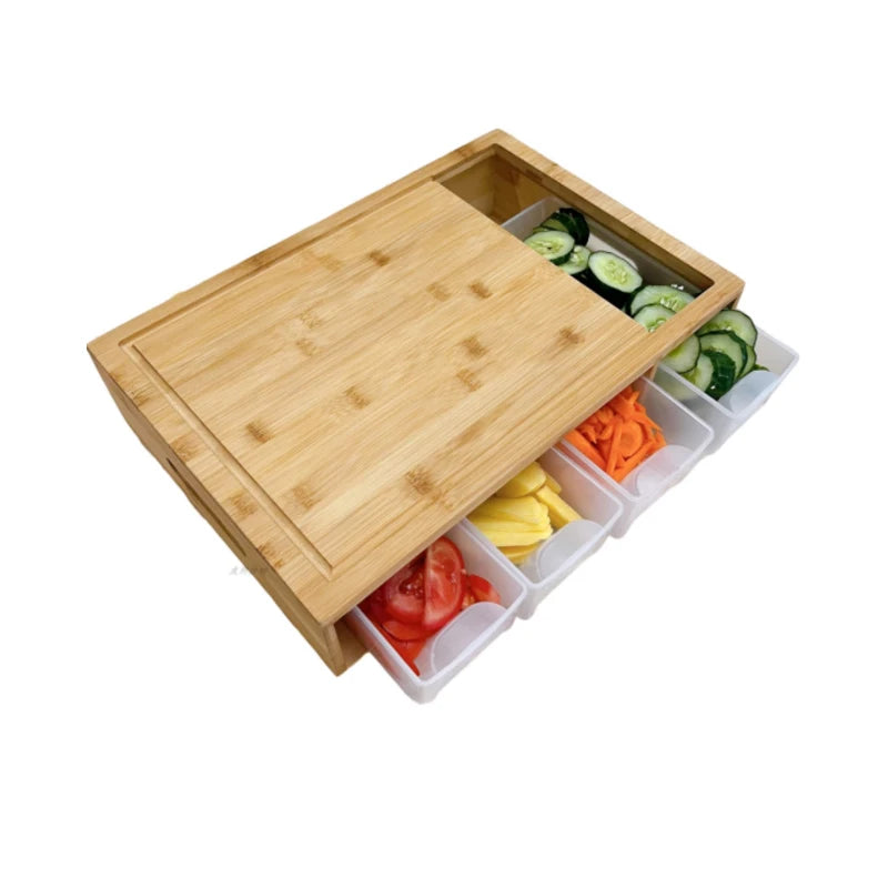 large organic kitchen chopping natural bamboo cutting board with 4 draw tray and 4 vegetable grater