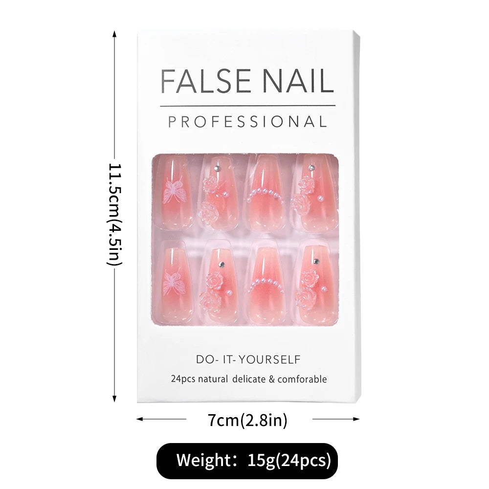 24Pcs Medium Long Ballet Gradient False Nails With Aurora Diamond Full Cover Square Coffin Fake Nails Pink Press-On Fingernails