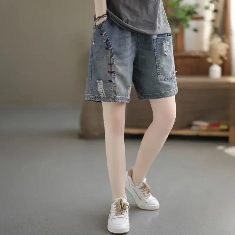Ripped Denim Shorts Women's Shorty Hot Pants Female Clothing Korean Style Baggy Shorts Jeans Mom Short Vintage Pant High Waist