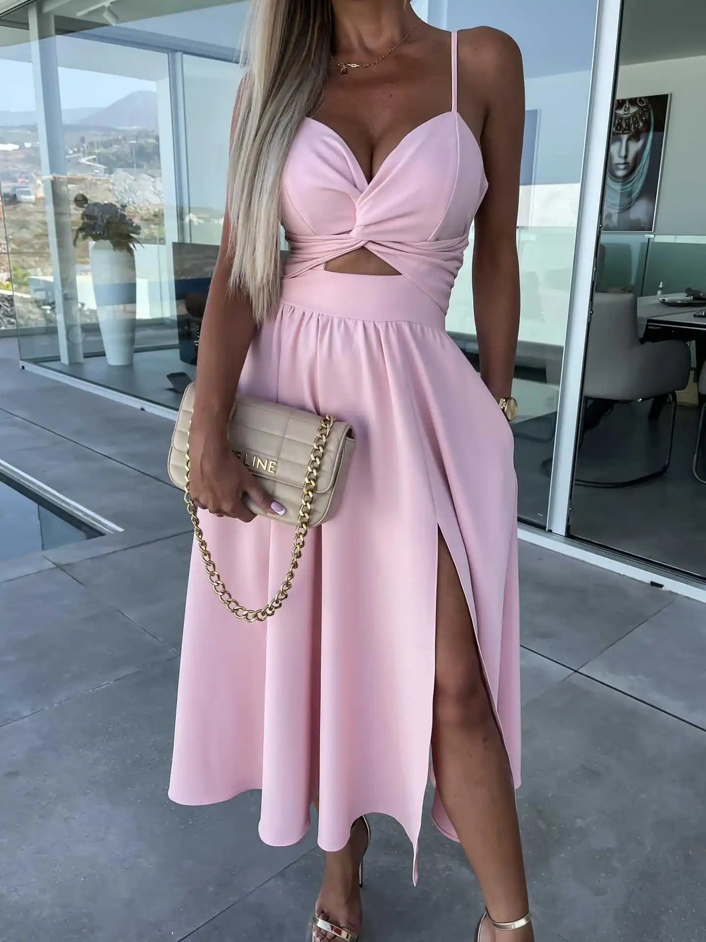 Women Sexy V-neck Backless Sling Dress Summer Fashion Twist Design Hollow Out Long Dress Casual Sleeveless Solid Big Hem Dresses