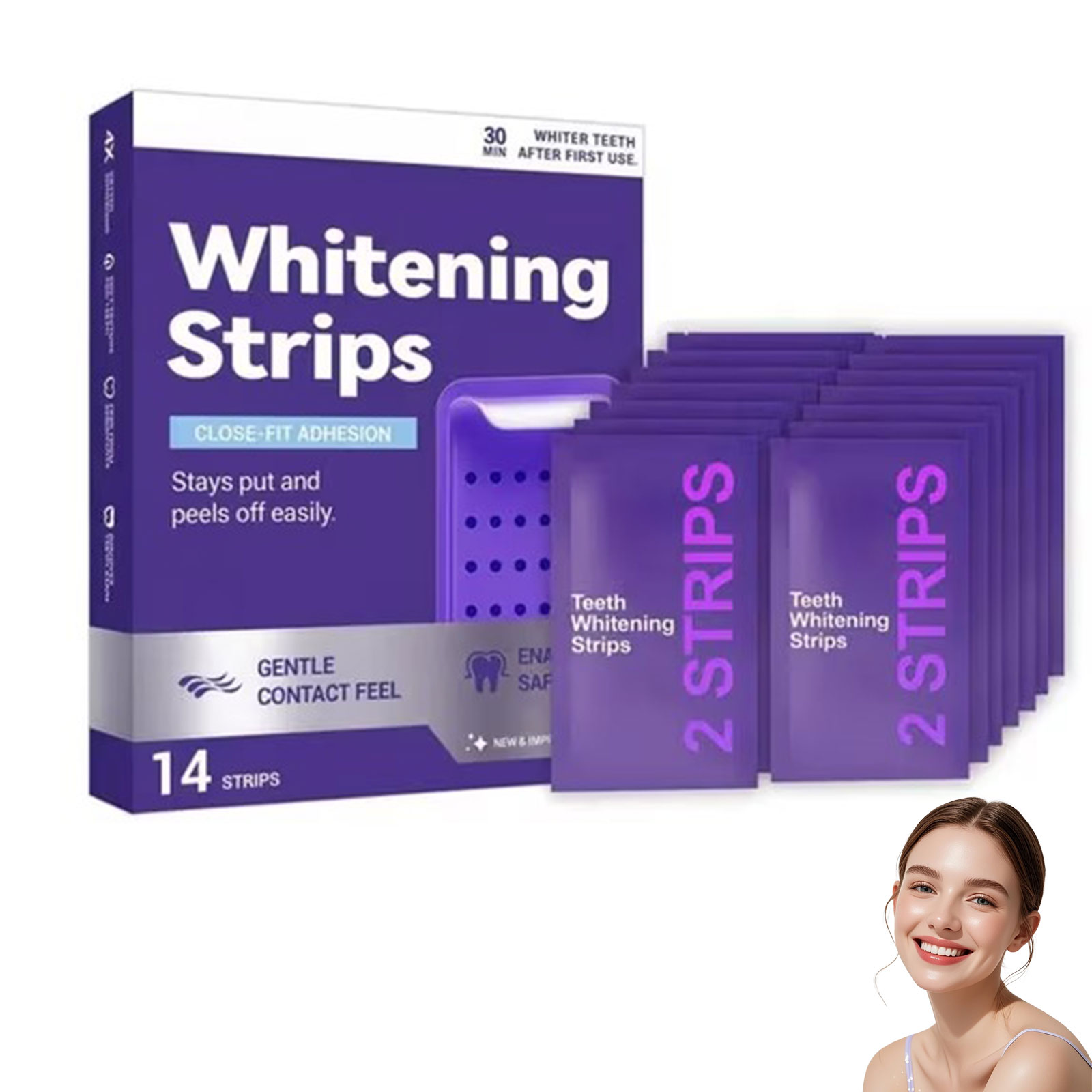 Purple Teeth Whitening Strips—gentle, daily-use whitening strips that reduce surface stains and impart a natural shine; portable and enamel-safe, suitable for use at home or on the go.