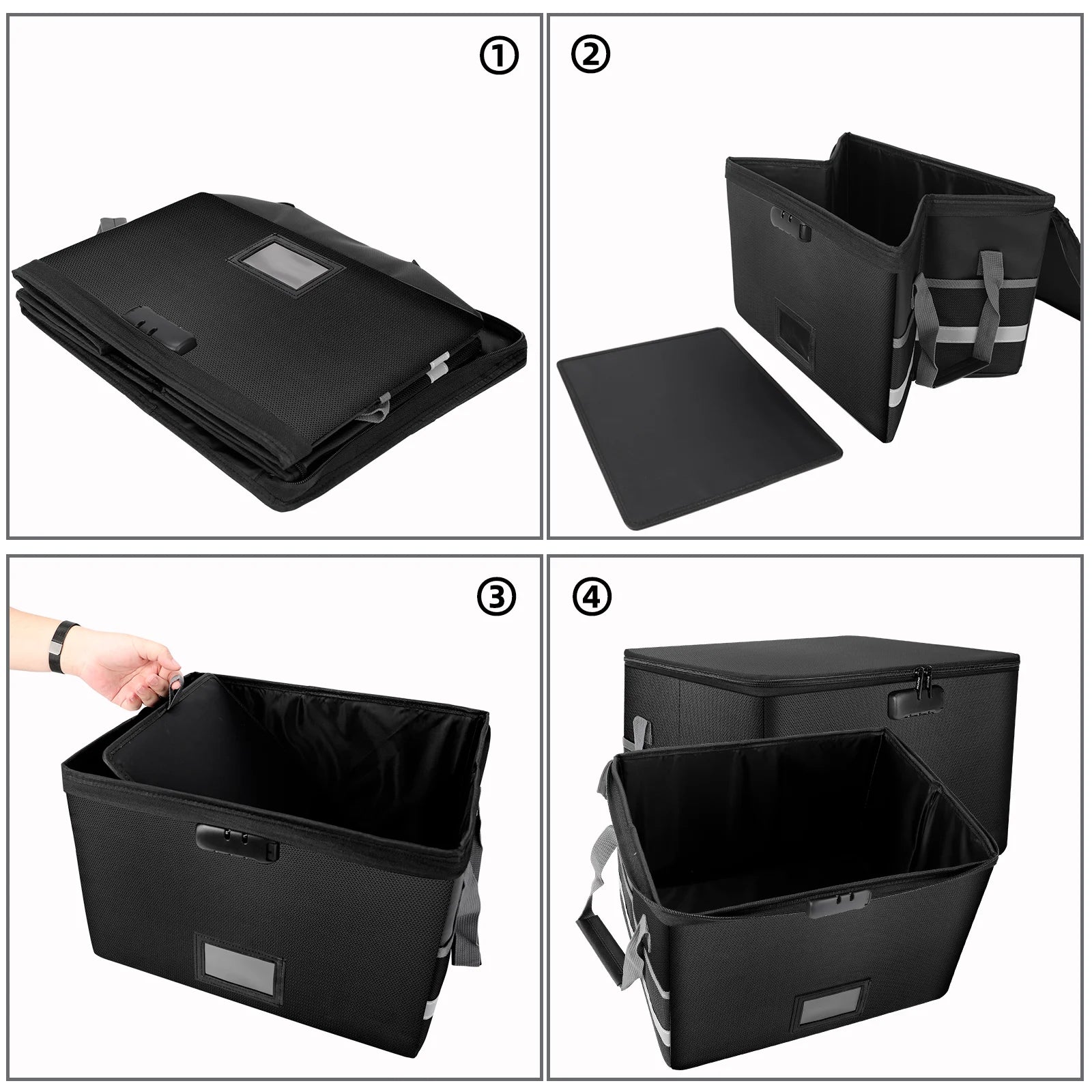 Fireproof Waterproof File Organizer Large Capacity Black Foldable Storage Box with Handle Zipper Combination Lock