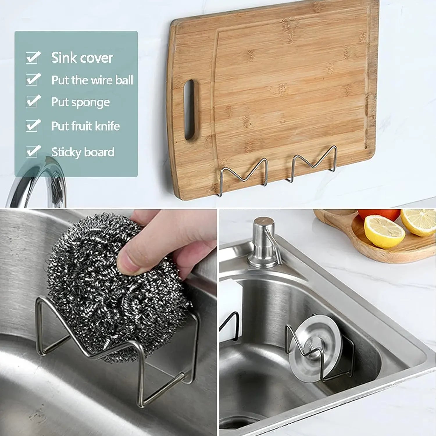1pcs M Shape Sink Caddy Rack Self Adhesive Sponges Pad Holder Multi-use Kitchen Sponges Scissor Chopping Board Holder Large Size