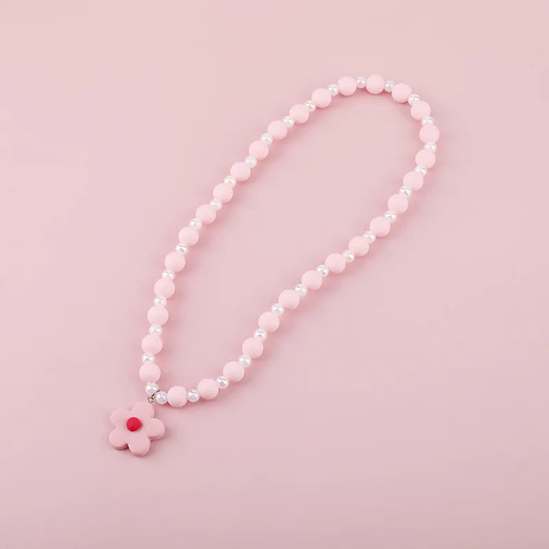 Makersland Pink Cherry Blossom Pendant Beaded Necklace For Children Sweet Princess Necklace Jewelry Kids Charming Gift Wholesale