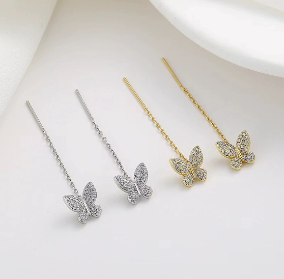 Butterfly Ribbon Threader Earrings - Full Pavé Setting