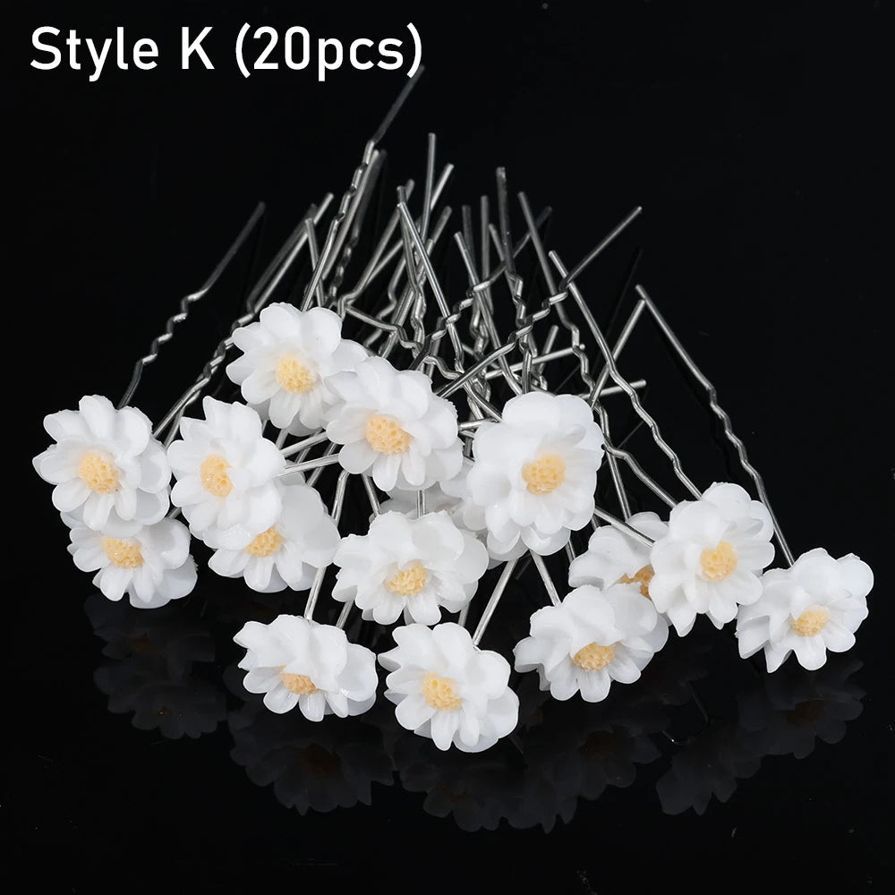 20pcs Women Flower Hairpin Stick Wedding Bridal Crystal Pearl Hairpin U Shaped Hair Clip Barrettes Hair Accessories Wholesale