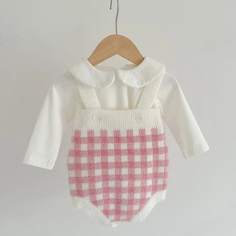 Autumn Spring Newborn Baby Girls Knitting Clothing Set Plaid Long Sleeve  Cardigan Coat+Sleeveless Rompers Children Clothes Suit