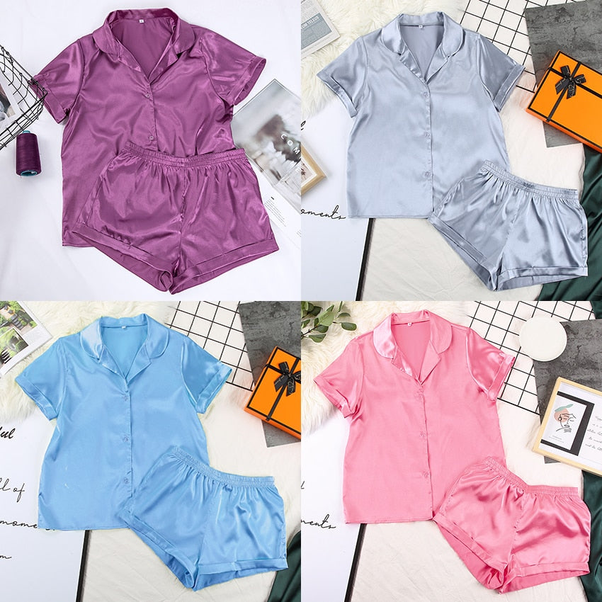 Solid Satin Sleepwear Silk Pajamas Set Top And Shorts Two Piece Set Pyjamas Women Pajama Short Sleeve Home Suit Casual
