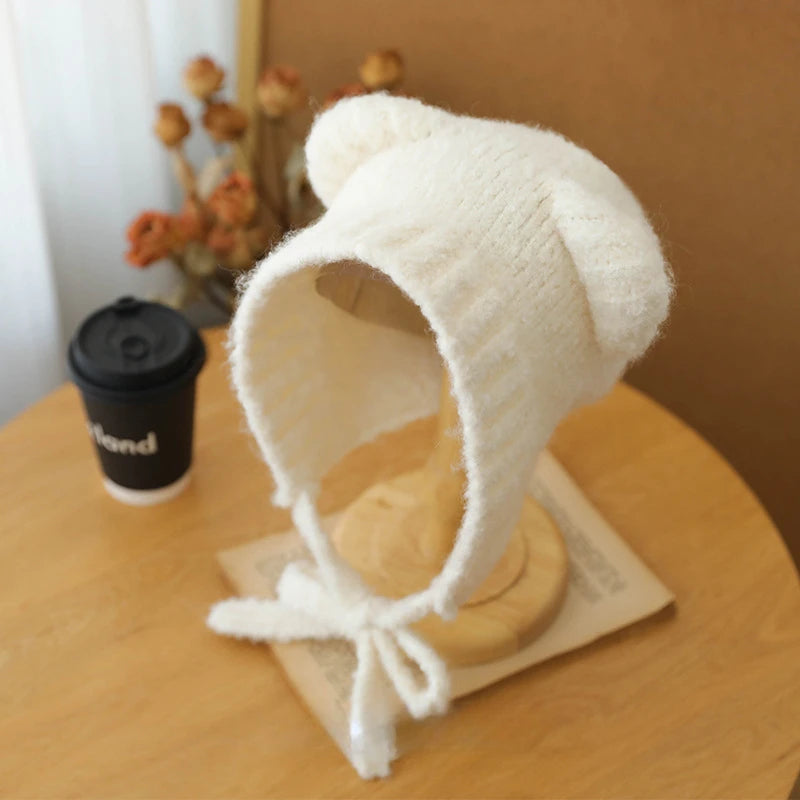 Cute Girl Knit Ear Protection Hat Bear Women Earmuffs Cap Woolen Crochet Bonnet Solid Color Hood Beanies Winter Warm Headgear 모자