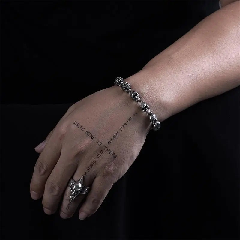 S925 Silver  Handmade Skull Motorcycle Hand String Trend Men's and Women's Skeleton Vintage Punk Bracelet