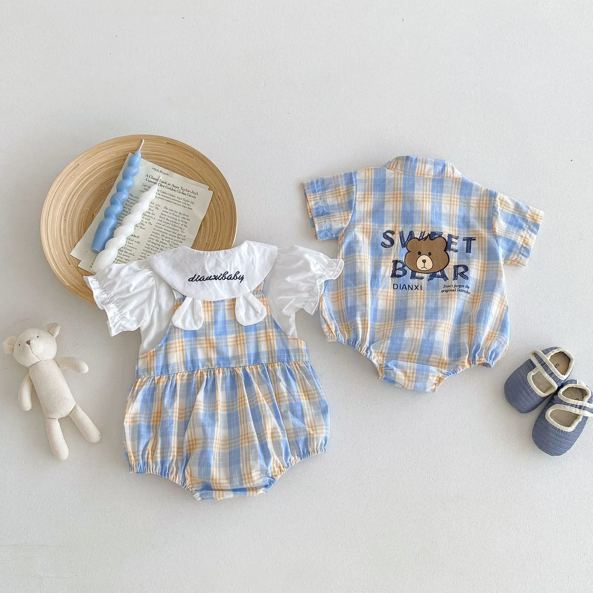 Cute Plaid Embroidery Bear Infant Short Sleeve Outfit