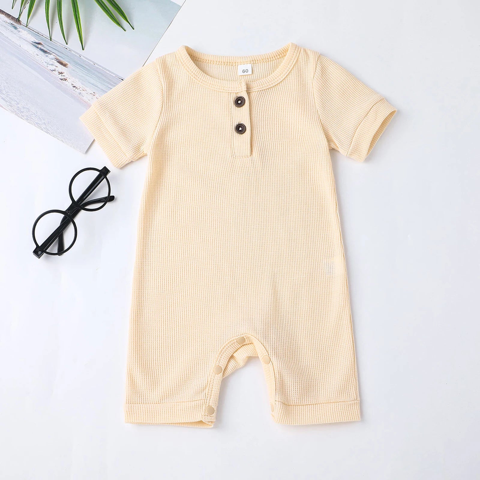 Lovely Baby Girls Boys Romper, Short Sleeve Round Neck Solid Color Ribbed Buttoned Short Pants for Summer Spring, Kids Clothing